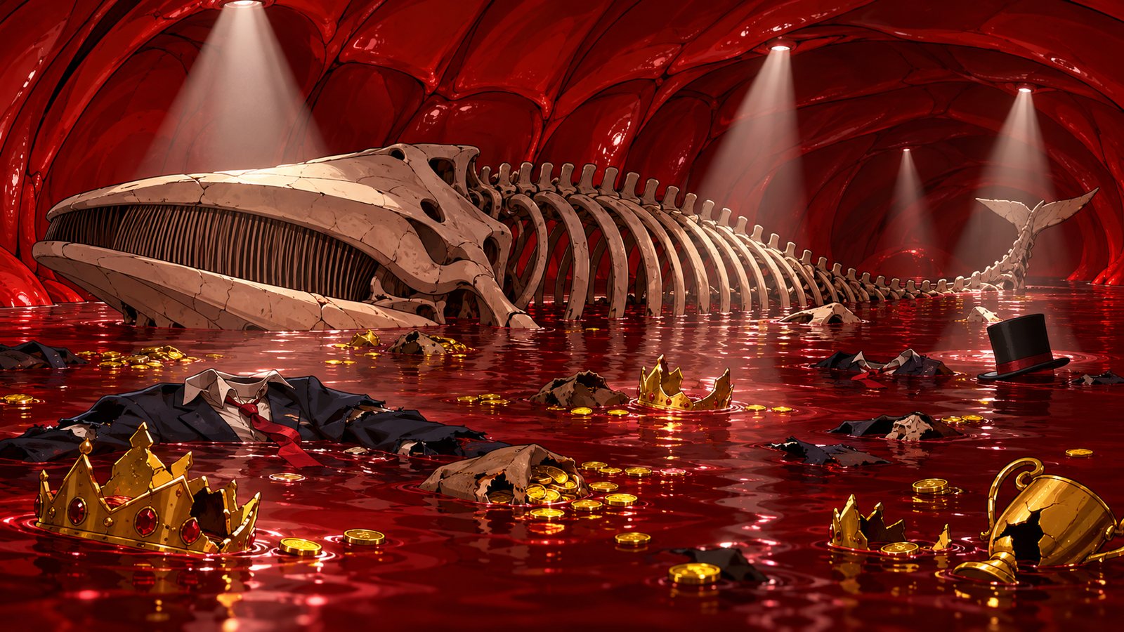 A whale skeleton and the loot of the rich floating in red water