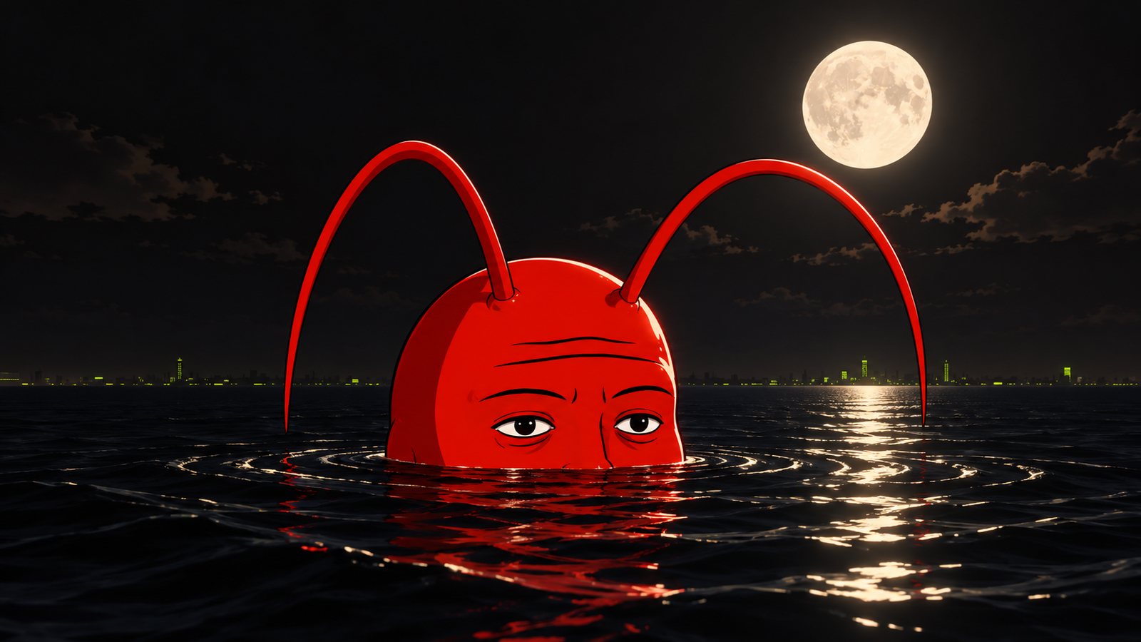 Lobin's head rising out of a night sea under the moon